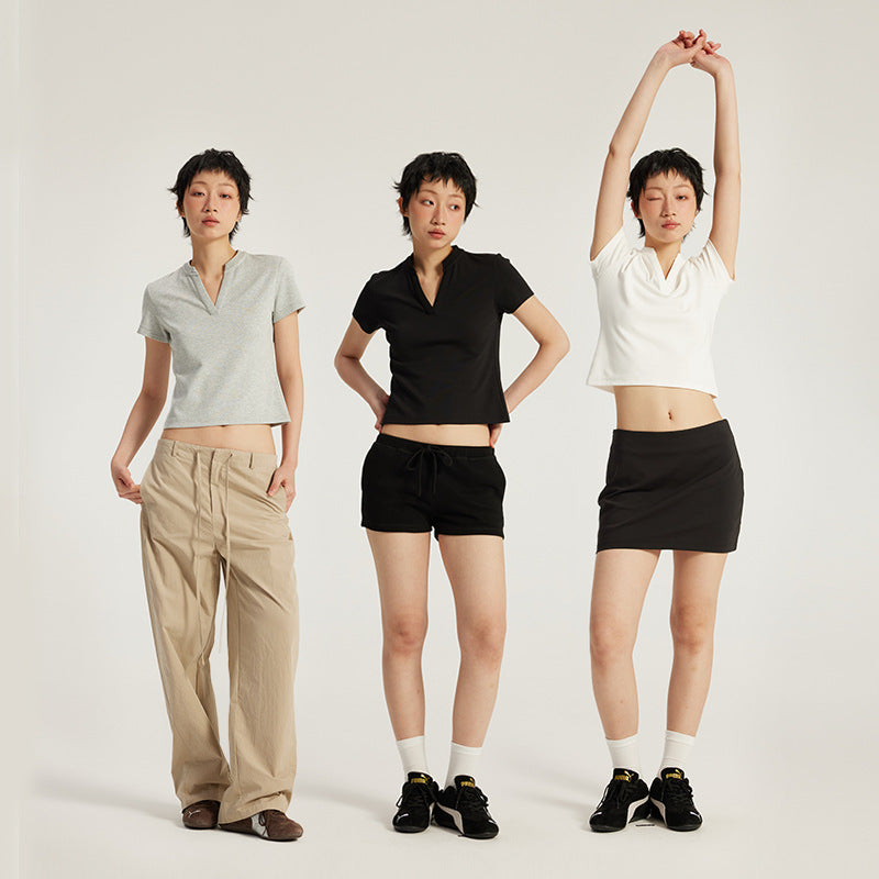 InflationV Neck Front Shoulder Skinny Short Tee