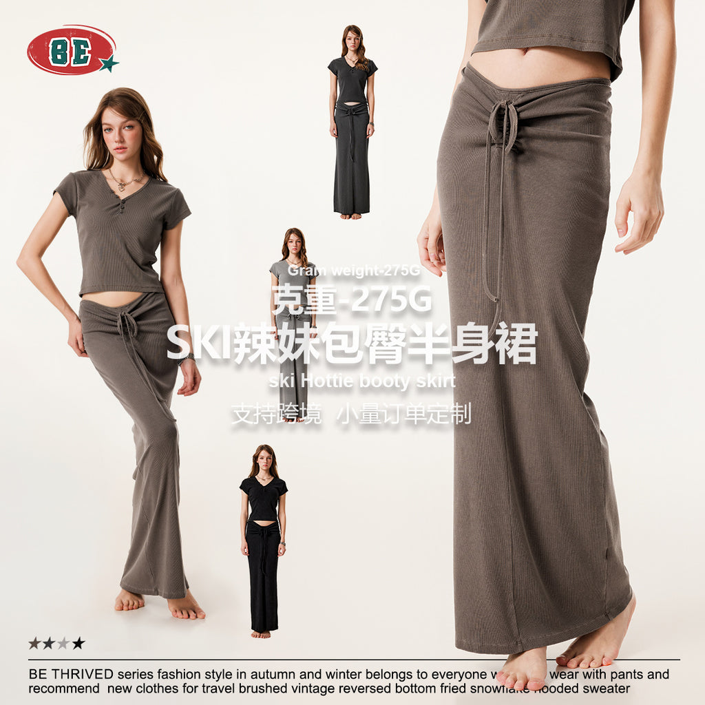 BE Women's Retro Maillard Slim Skirt Pleated Hip Skirt