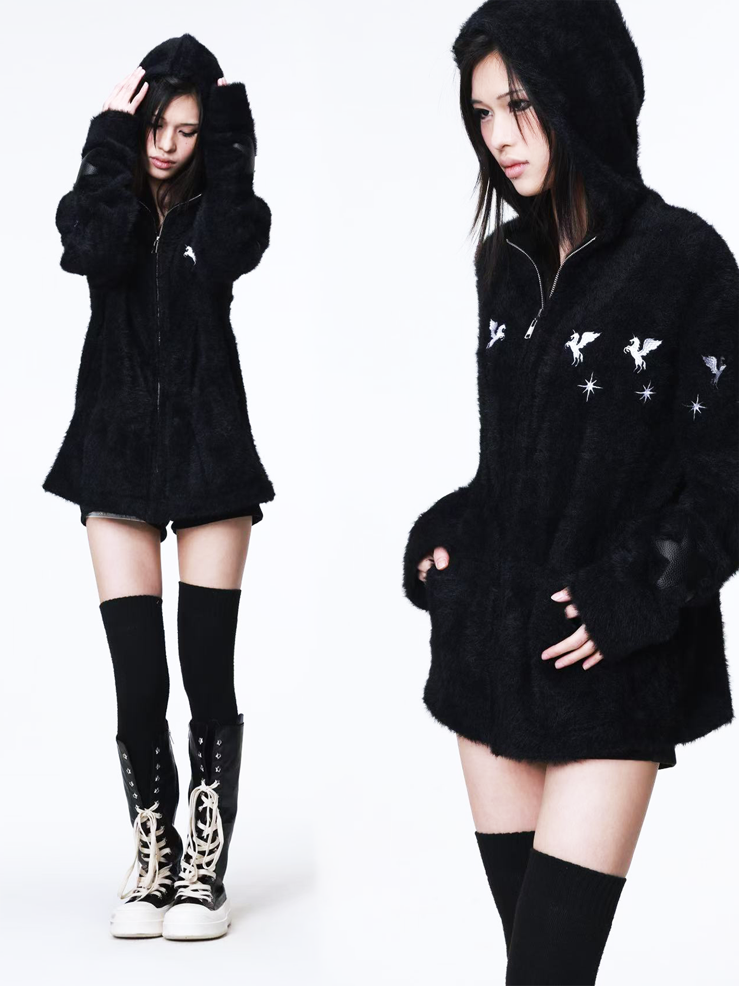 DETW Shoulder-down Zip Mohair Hooded Embroidered Jacket