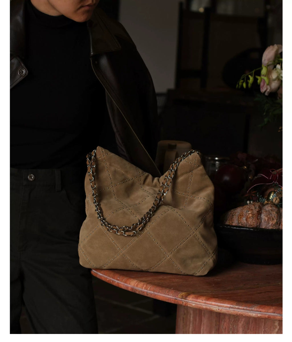 EZRO Rivet Matte Suede Shoulder Tote Bag