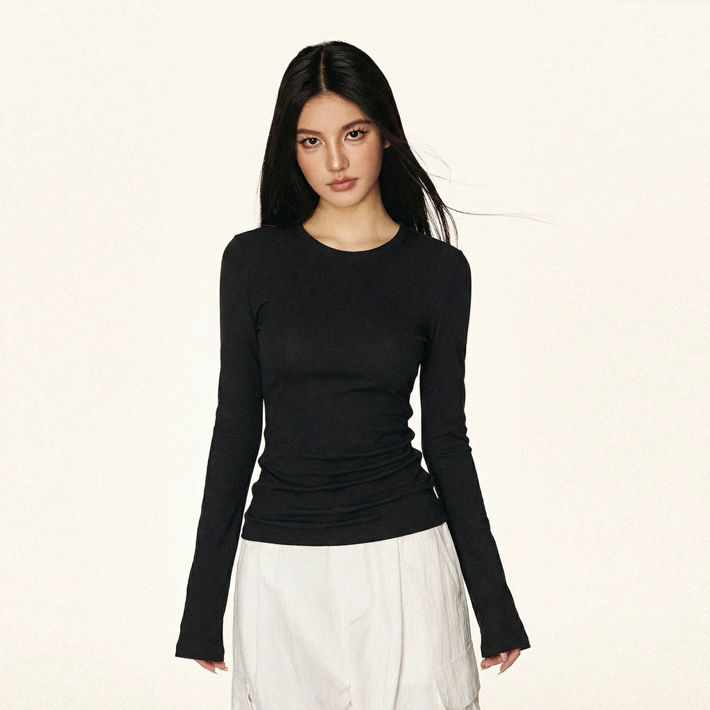 Cherry Melody Retro Tencel Horn Sleeve Slim Crew Neck Long Sleeve