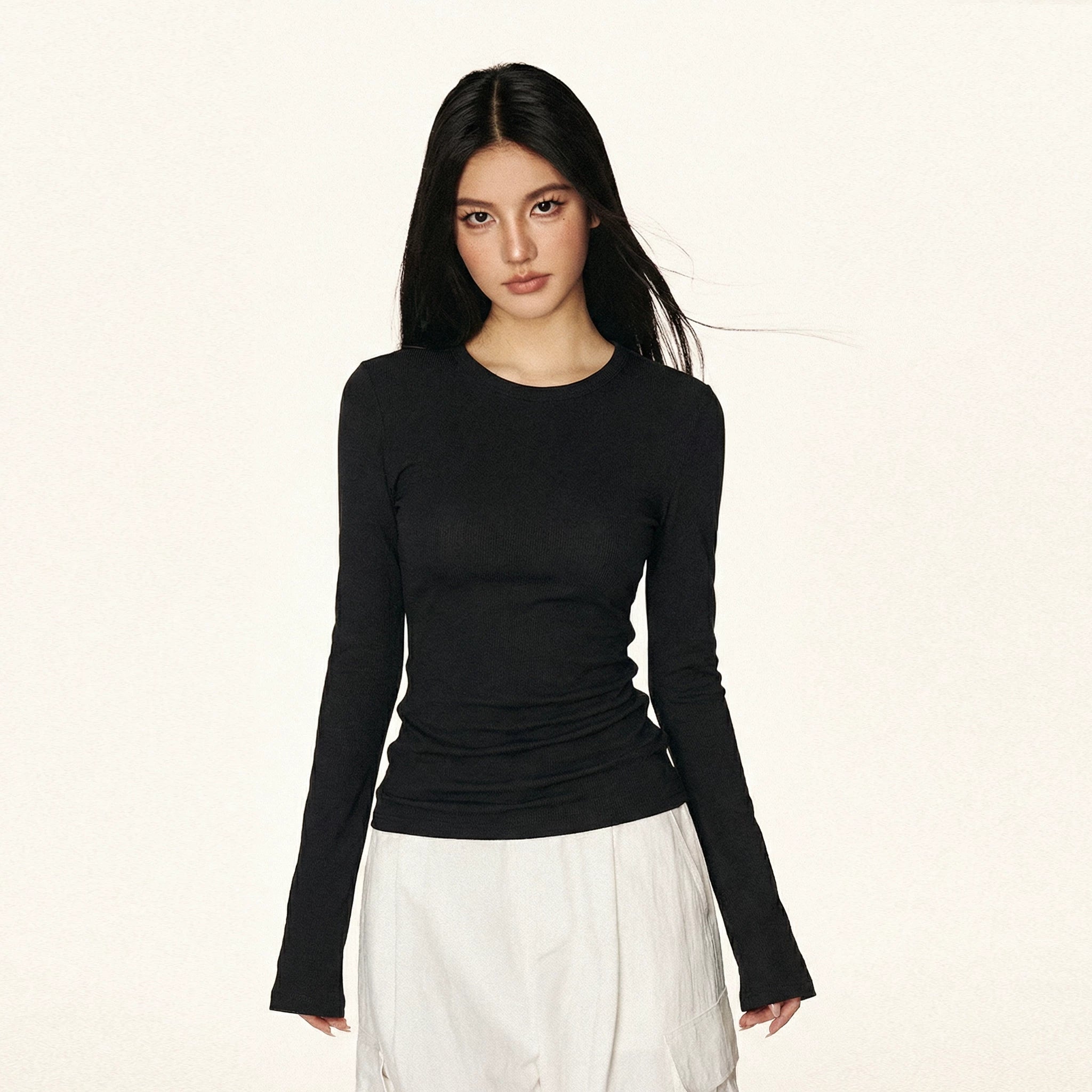 Cherry Melody Retro Tencel Horn Sleeve Slim Crew Neck Long Sleeve