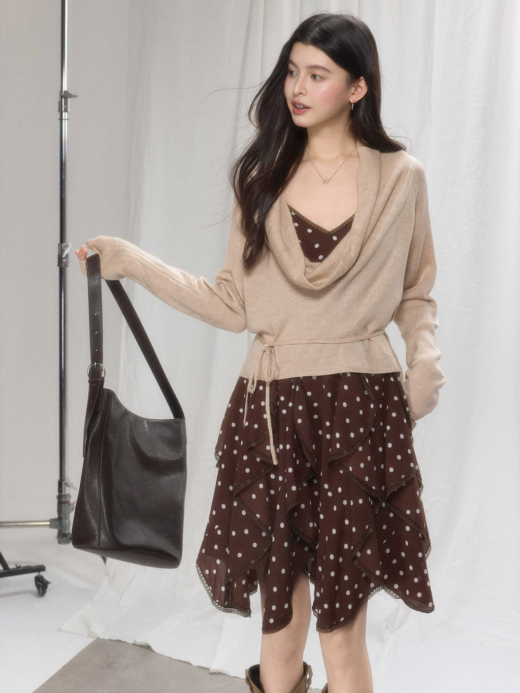 TYANG Retro Polka Dot Irregular Suspender Skirt