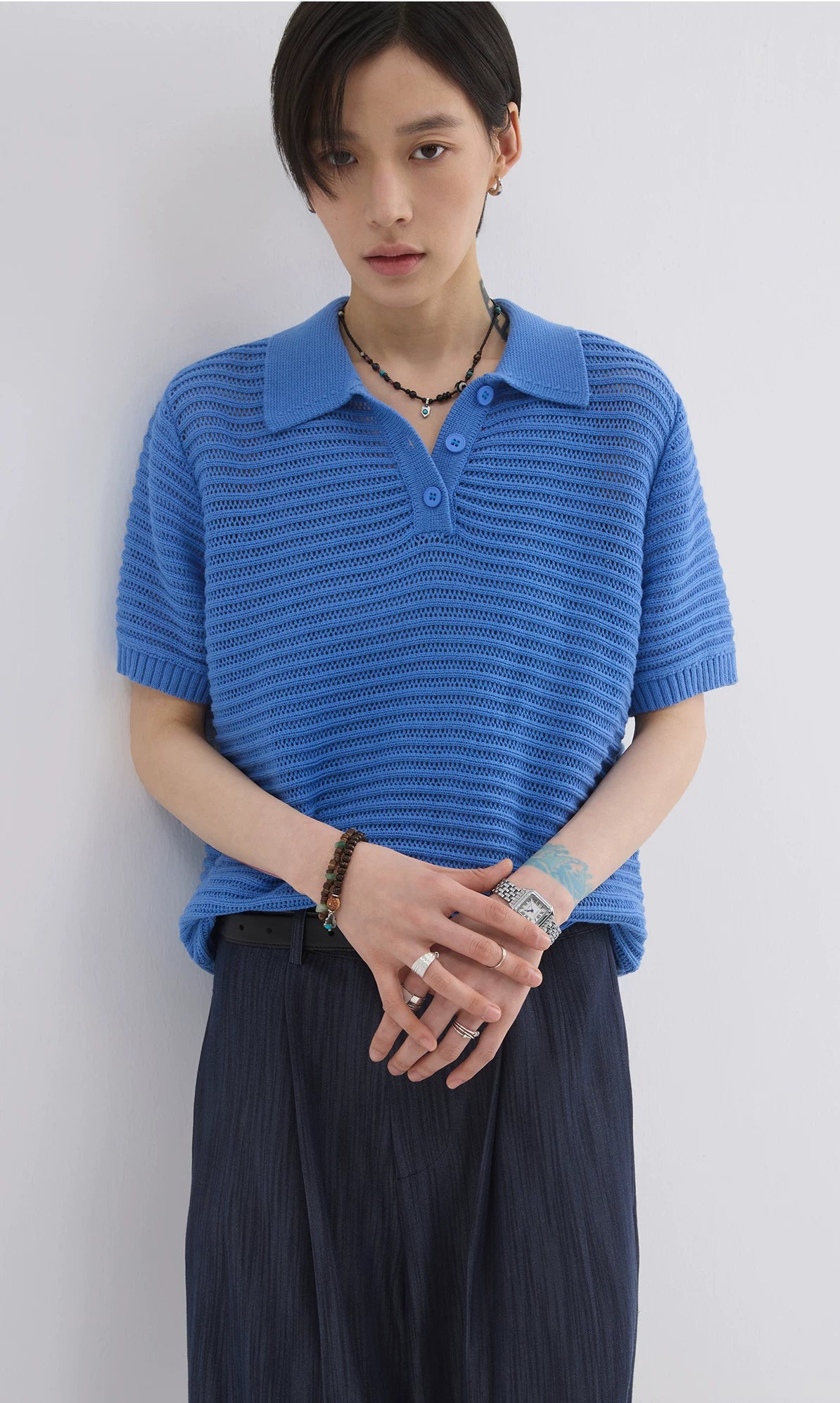 Sameuoo Shoulder Knit Hollow Polo Shirt