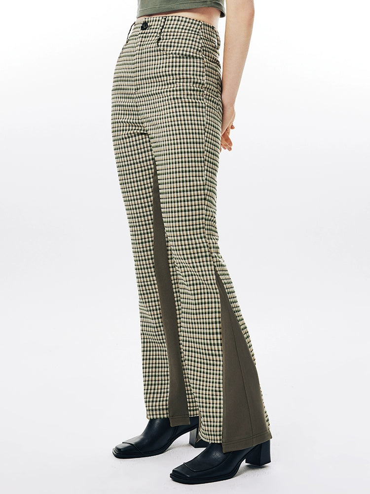 Imone Retro Slim Plaid Splicing High-waisted Flared Pants