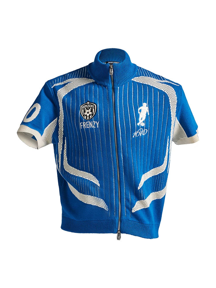 PEOPLESENSE Retro Football Style Stand-up Collar Zipper Knitted Tee