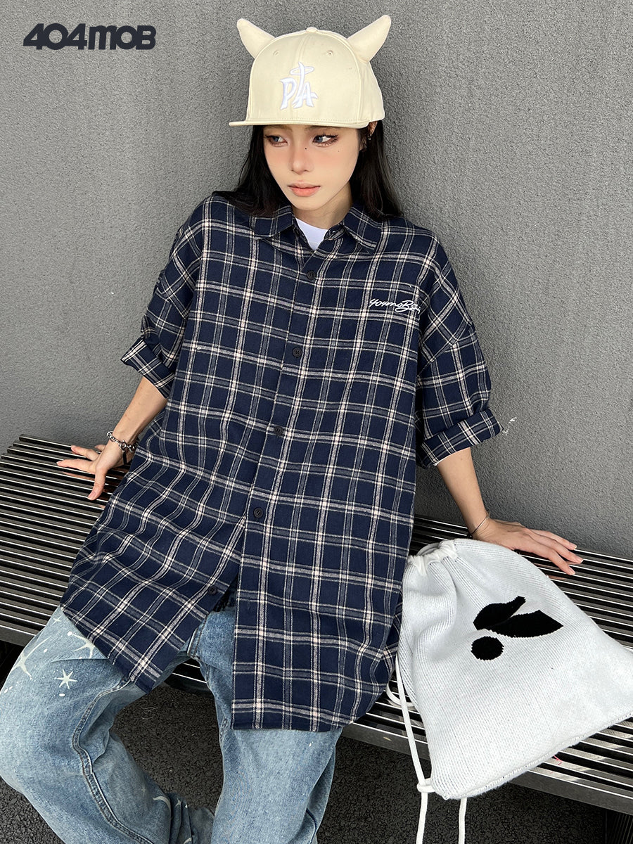 404MOB contrasting color polished embroidery short-sleeved plaid shirt