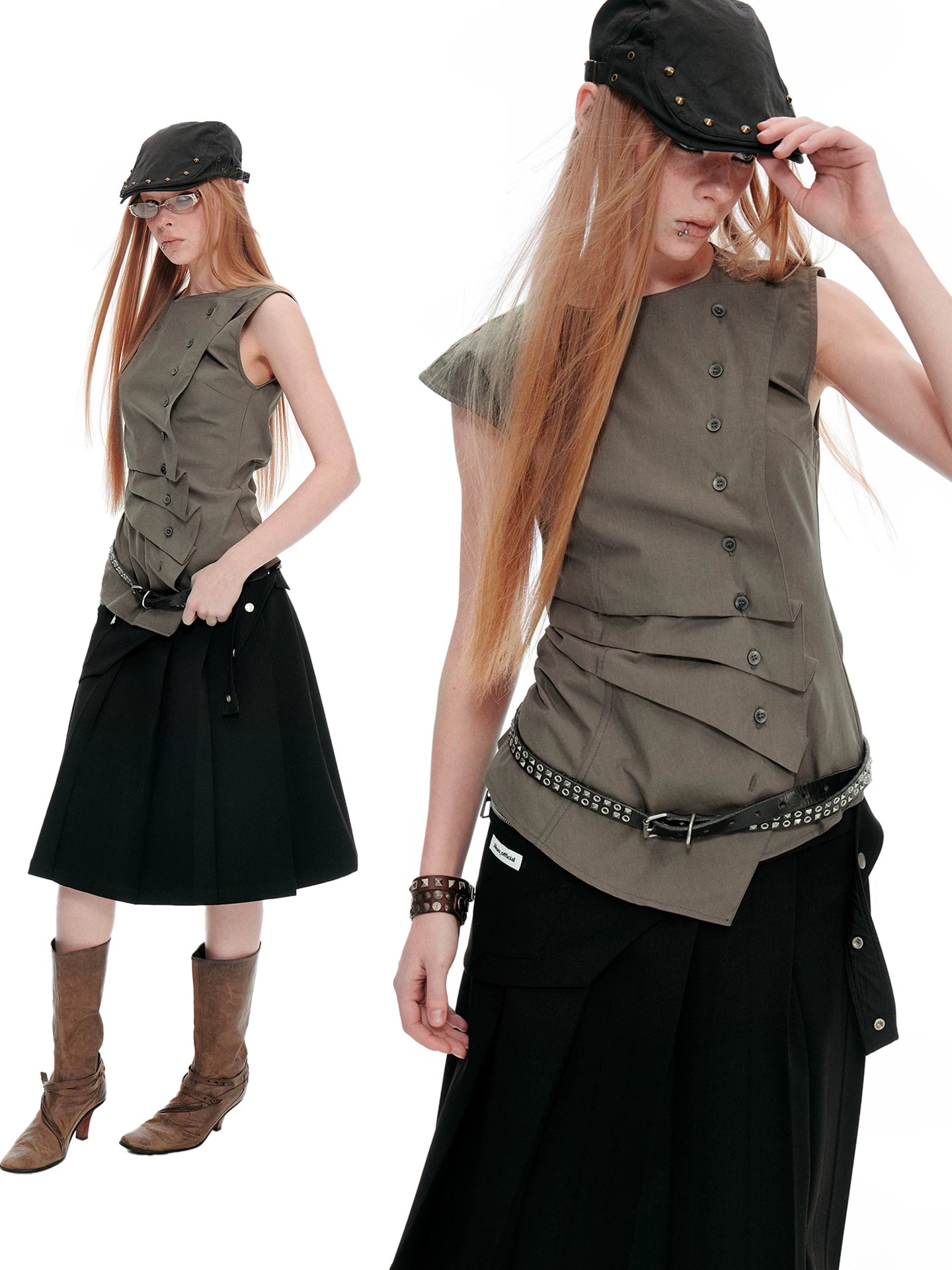 JIKOO Diagonal-breasted Waist-pleated Sleeveless Shirt