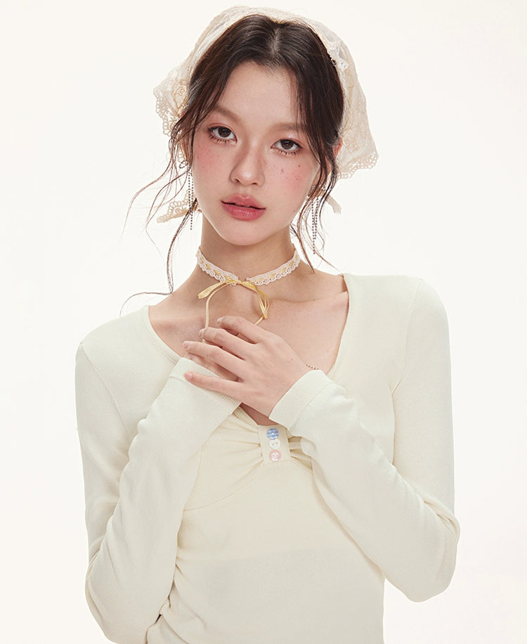 IMONE Pleated V-neck Long-sleeved Knitted Sweater