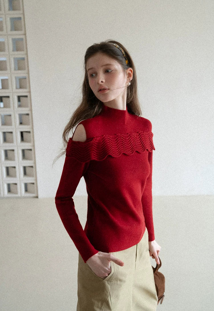 EGGKA Semi-turtleneck Wavy Edge Off-the-shoulder Long-sleeved Knitted Sweater