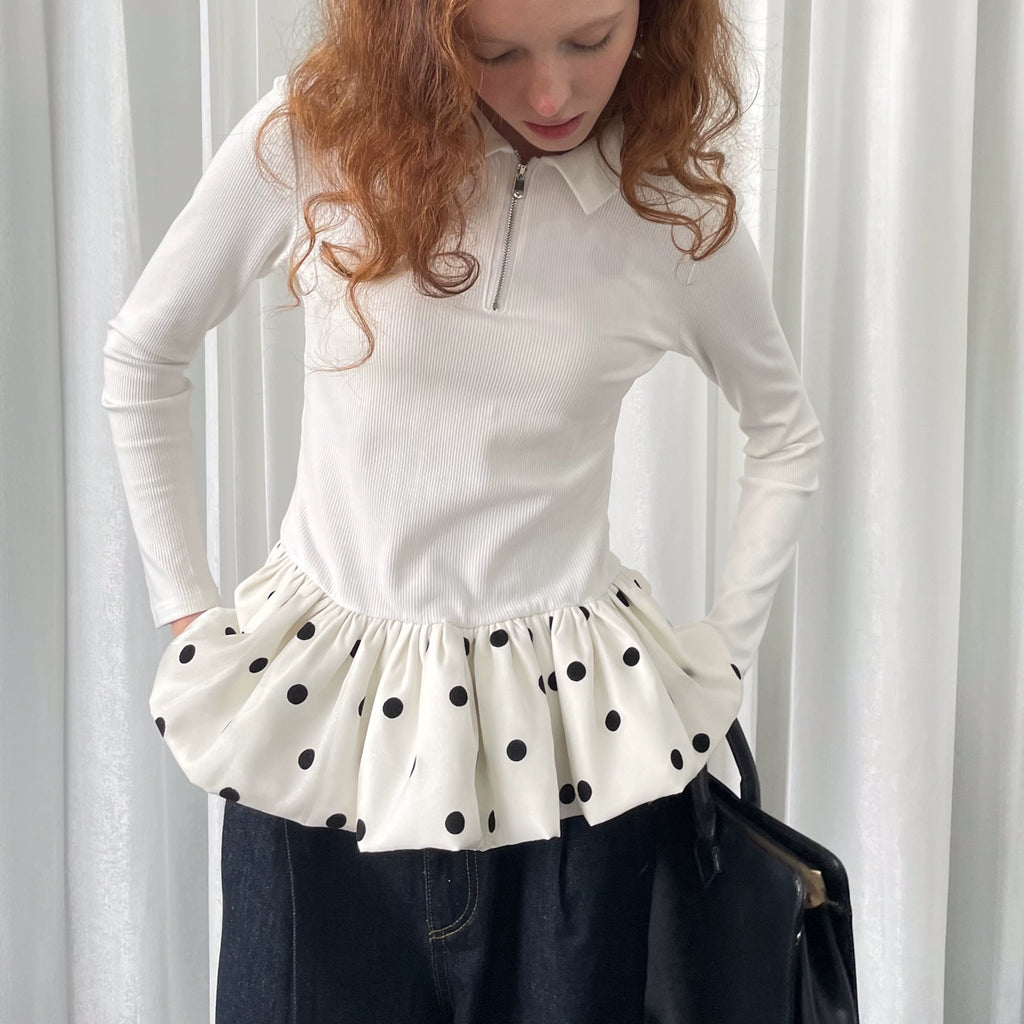 Loosesmell Slim Stitching Polka Dot Bud Hem Long Sleeve