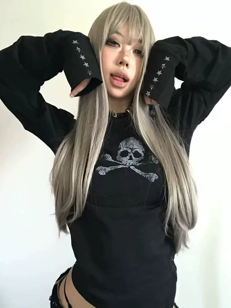 DETW 24AW Original * Skull Slightly Transparent Double Neckline Bamboo Cotton Scimitar pleated Tee