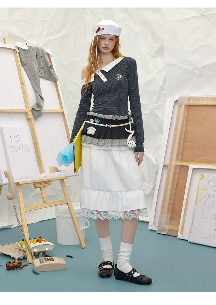 UNIFREE Plaid Splicing Contrasting Color Hem Fart Curtain Skirt