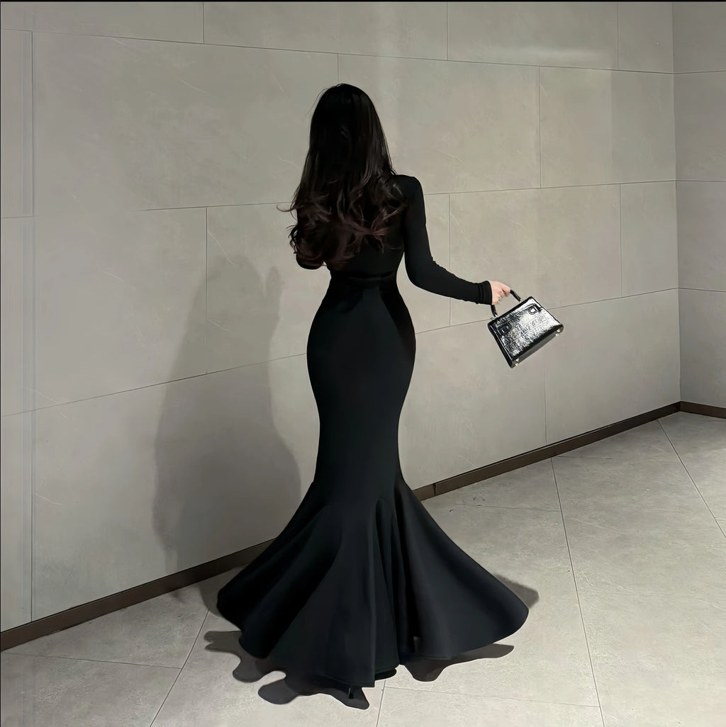 Instunning Square Neck Long Sleeve Waist High-end Dress