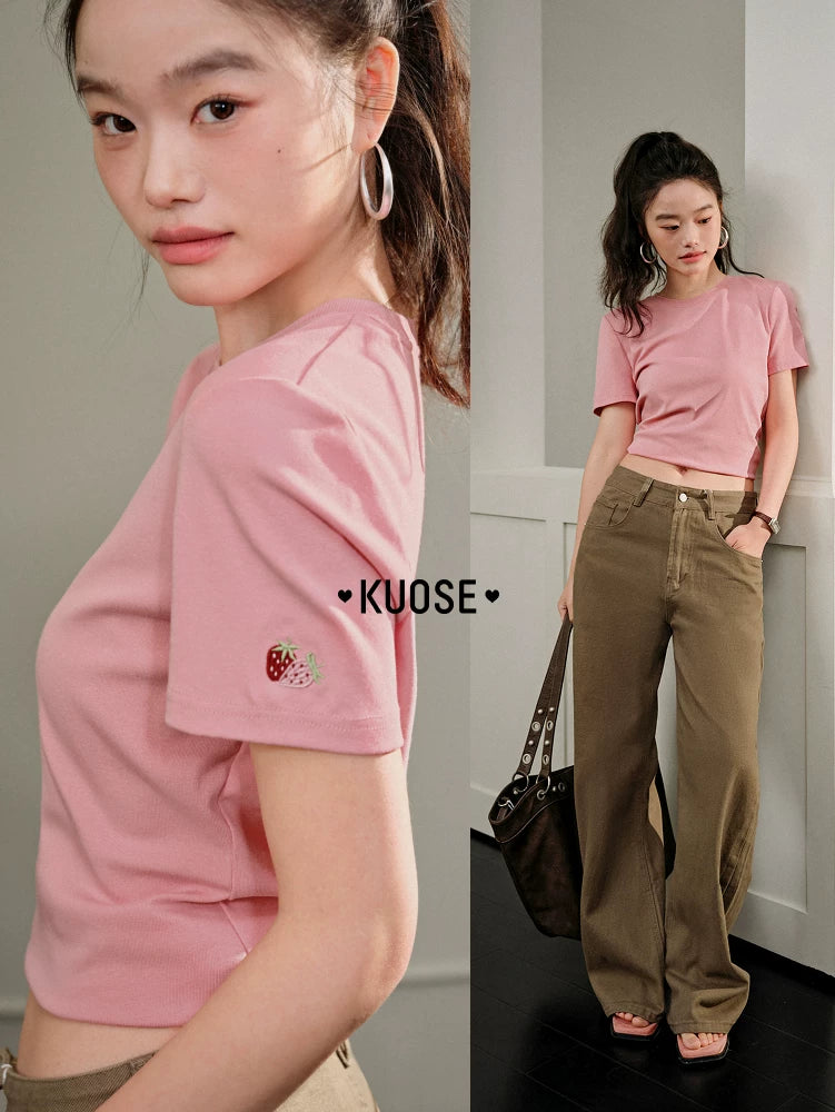 Kuose Crew Neck Embroidered Short Knitted Tee