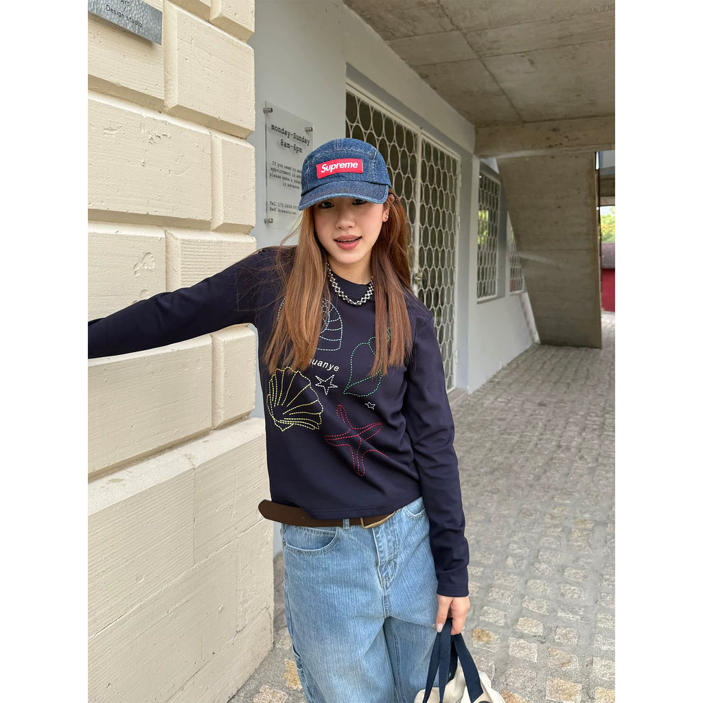 CCYE Embroidery Front Shoulder Crew Neck Slim Fit Slightly Loose Long Sleeves