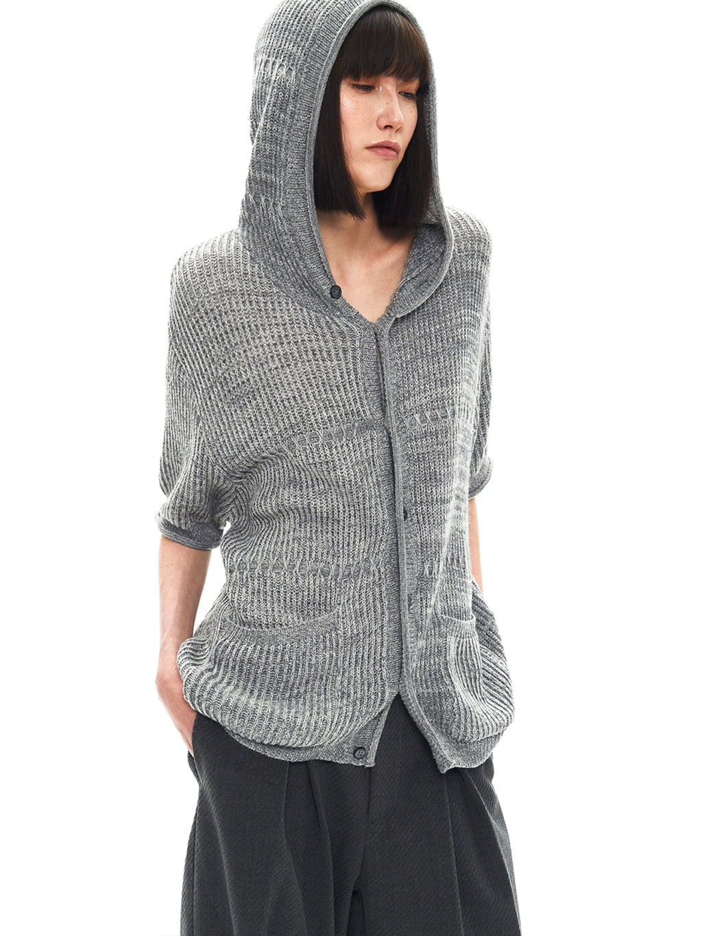 Slight Vogue Jacquard Hooded Wool Short Sleeve Cardigan