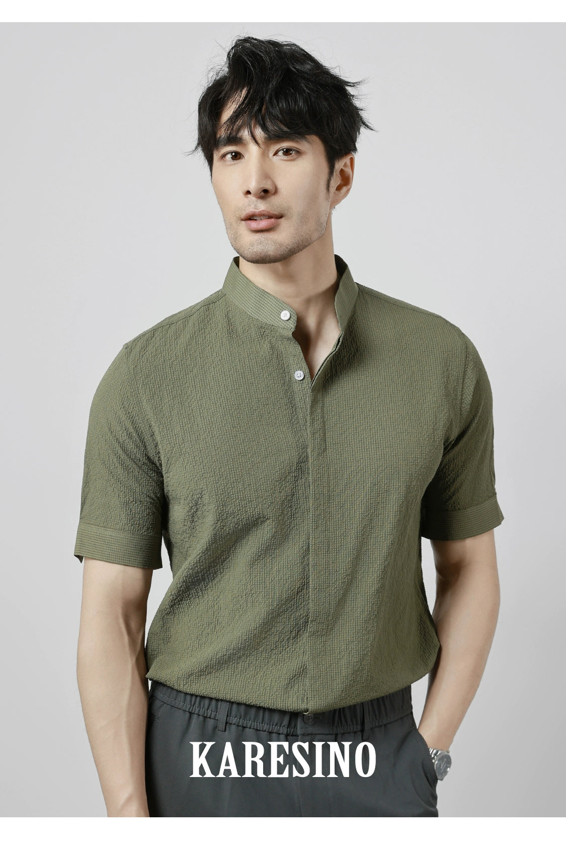 KARESINO Breathable Seersucker Stand-up Collar Shirt
