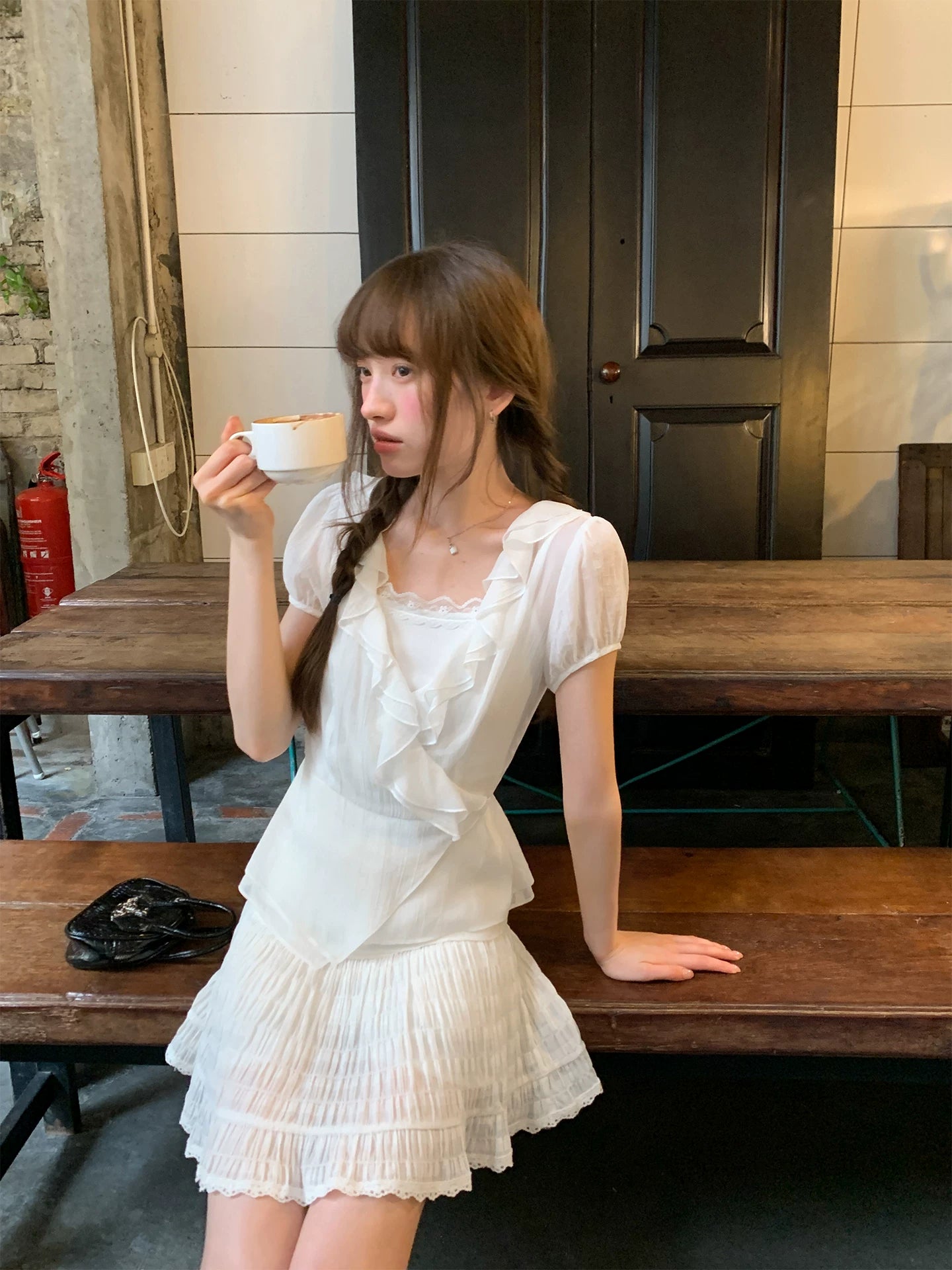 KANO Ruffle Edge Oblique Strap Lace Fashion Suit