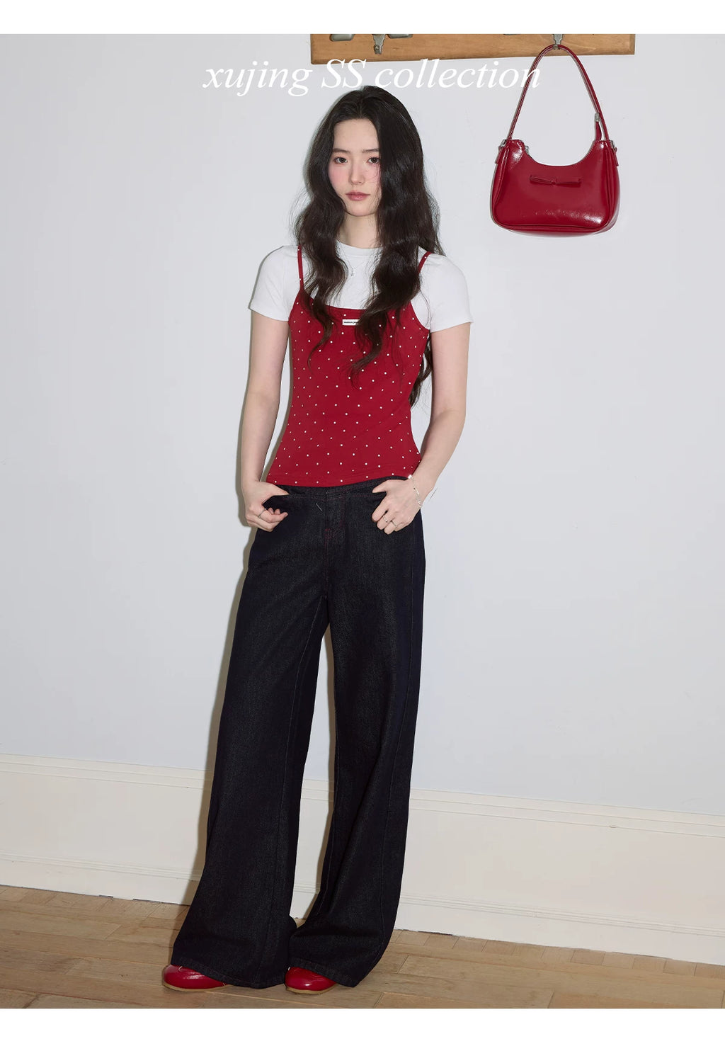 XUJING Fake Two Pieces Round Neck Polka Dot Slim Tee