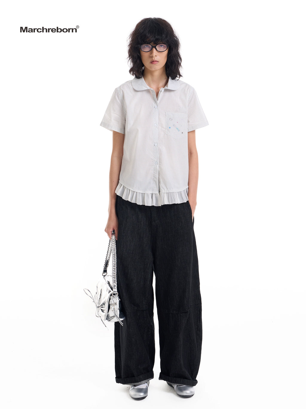 March College Vintage Checked Irregular Lace Short Sleeve Shirt