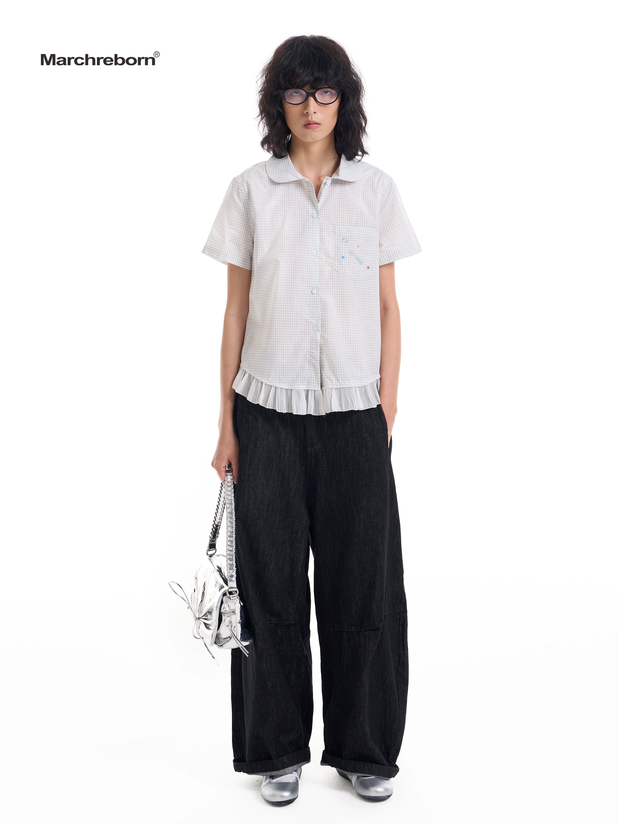 March College Vintage Checked Irregular Lace Short Sleeve Shirt