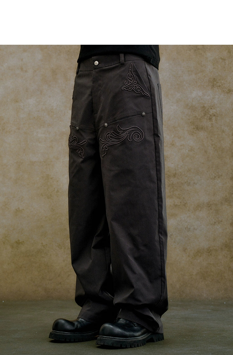 YADcrew Three-dimensional Line Embroidery Straight Tube Wide Overalls