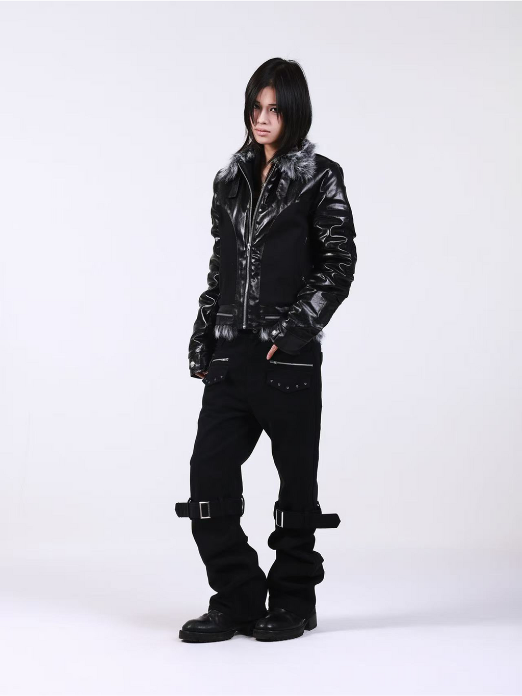 DETW Metal Zipper Strap Adjustable Stacked Jeans
