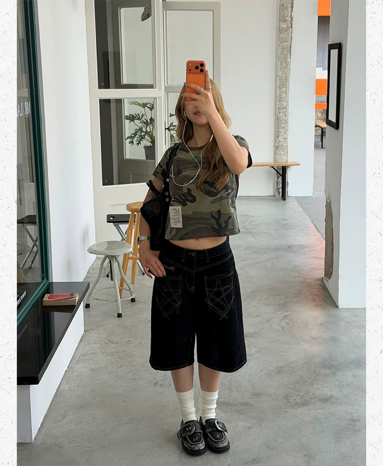 CCYE Wide-leg Denim Seven-point Knee Shorts
