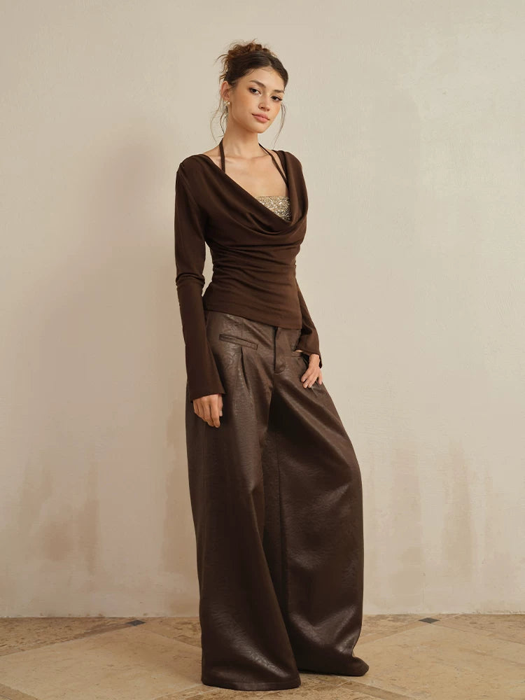 J TheChosen Satin Leather Double-pleated Loose Wide Leg Pants