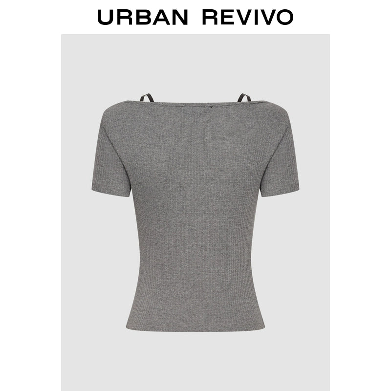 URBAN REVIVO Stitching Lace Bow Decorative Tee