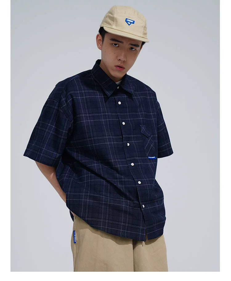 O3PARK Loose Casual Japanese Half-sleeve Plaid Short-sleeved Shirt