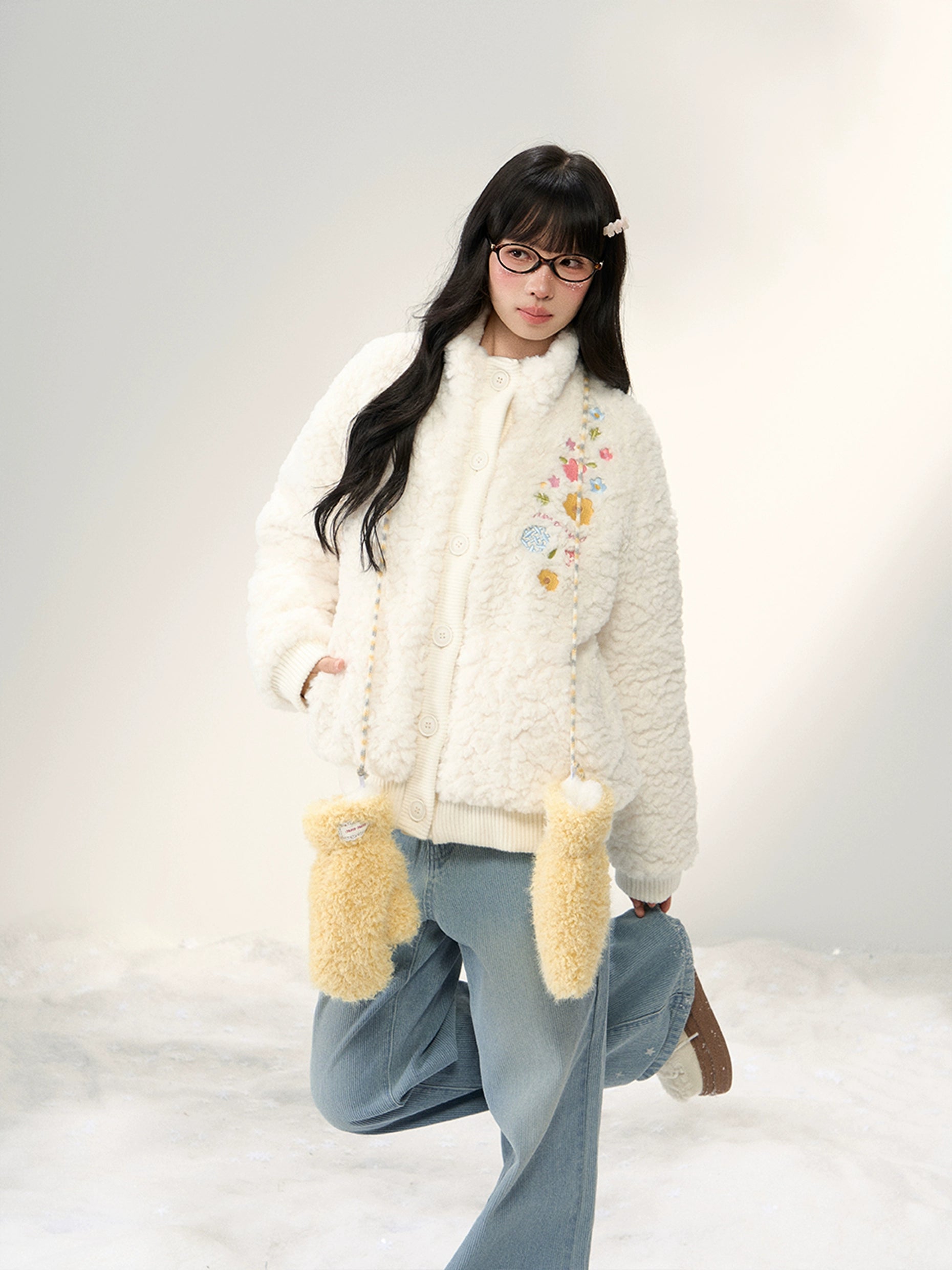 Umoumo Flower Embroidery Knitted Splicing Stand-up Collar Fur Jacket