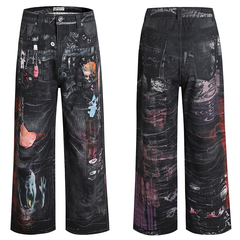 DND4DES Dark Wind Cartoon Printed Straight Jeans