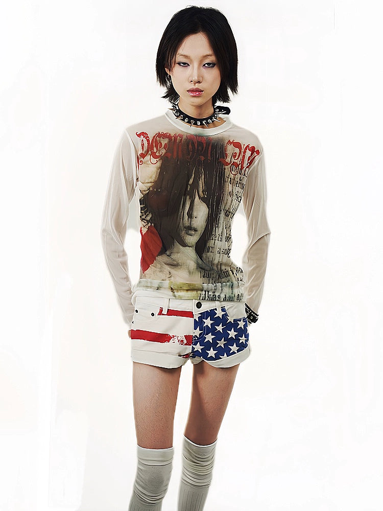 WEBBAR Post-Punk Style Long Sleeve Mesh T-Shirt