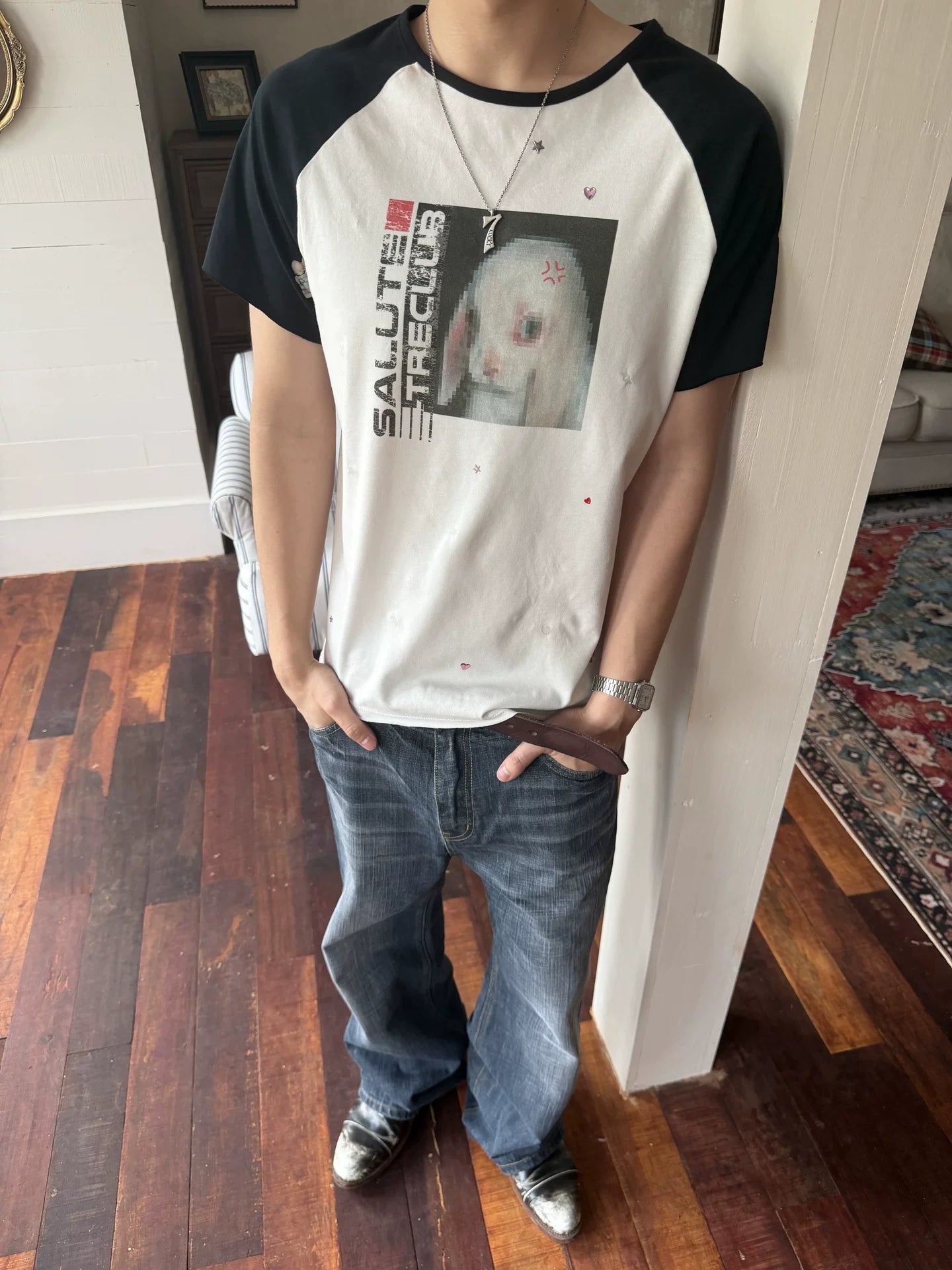 TRECLUB Sleeve Sequins Heat Printing Tee