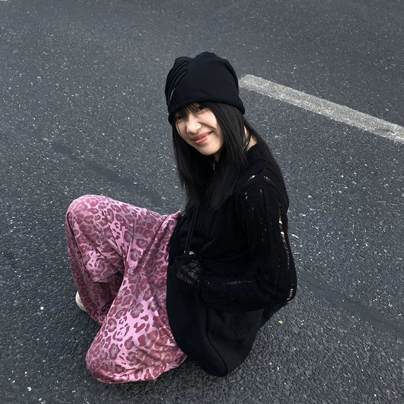 STILLYOU Vintage Rock Leopard Print Straight-pleated Slacks