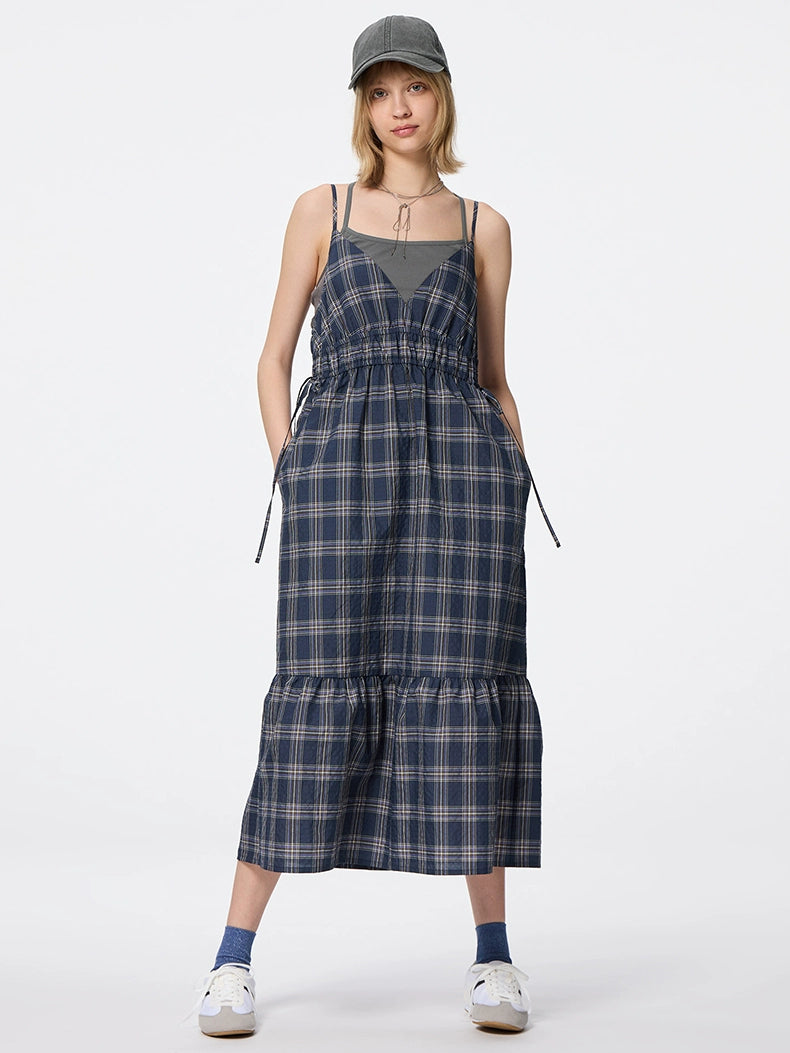 GU Plaid Suspender Dress V-neck Bow