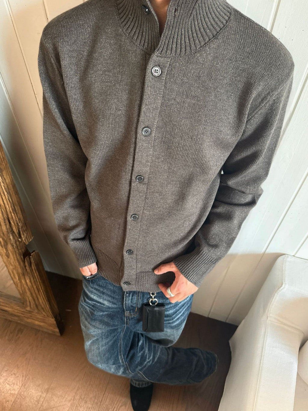 EME Knitted Ribbed Stand-up Neck Cardigan Sweater