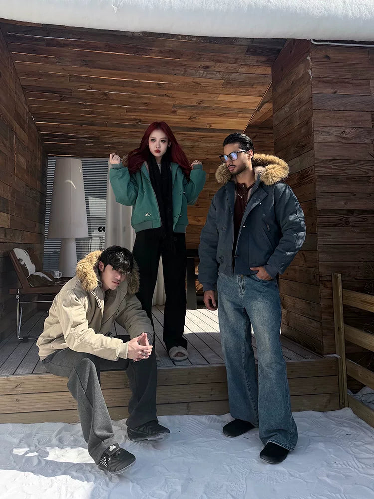 ZOZOFOREST Removable Fur Collar Plush Bead Canvas Seat Mountain Carving Jacket