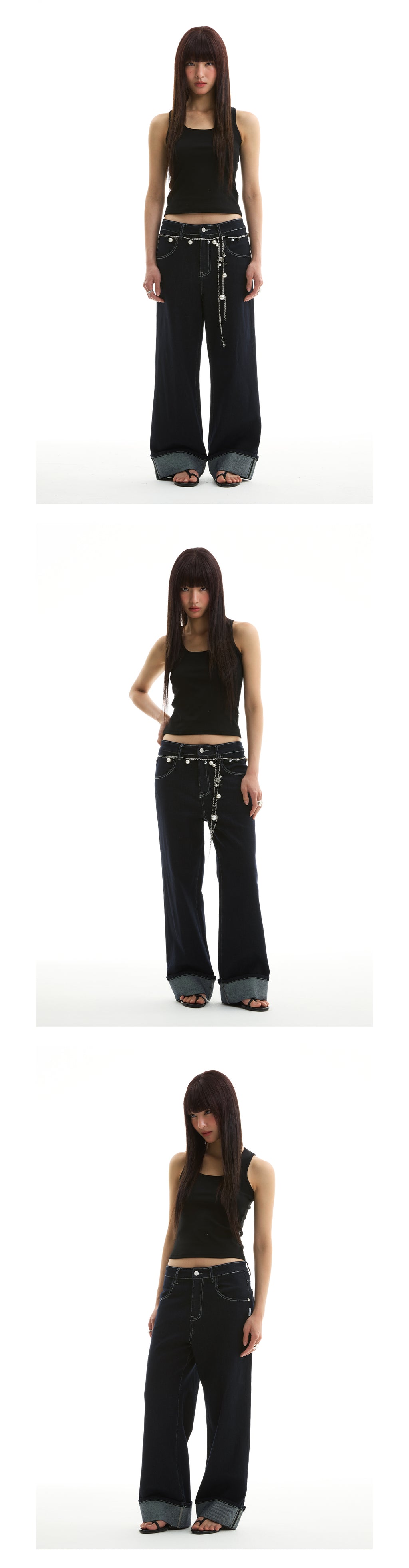 FUNKYFUN 2025SS fold-up pants micro-elastic primary color blue straight jeans