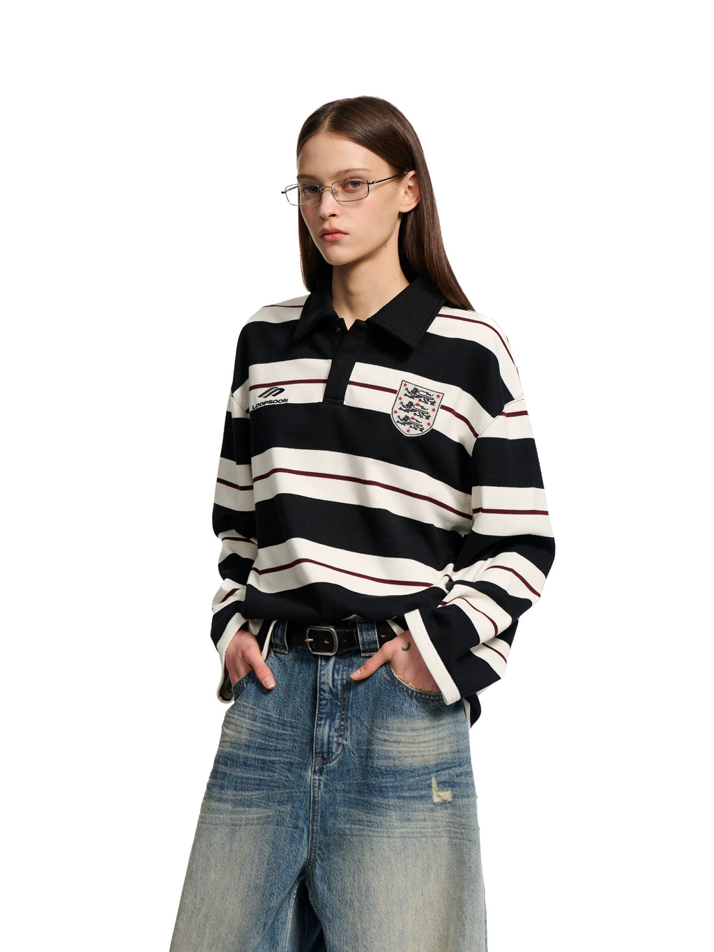 Loopsoon Striped Contrast Lapel Embroidered English Loose Sweatshirt