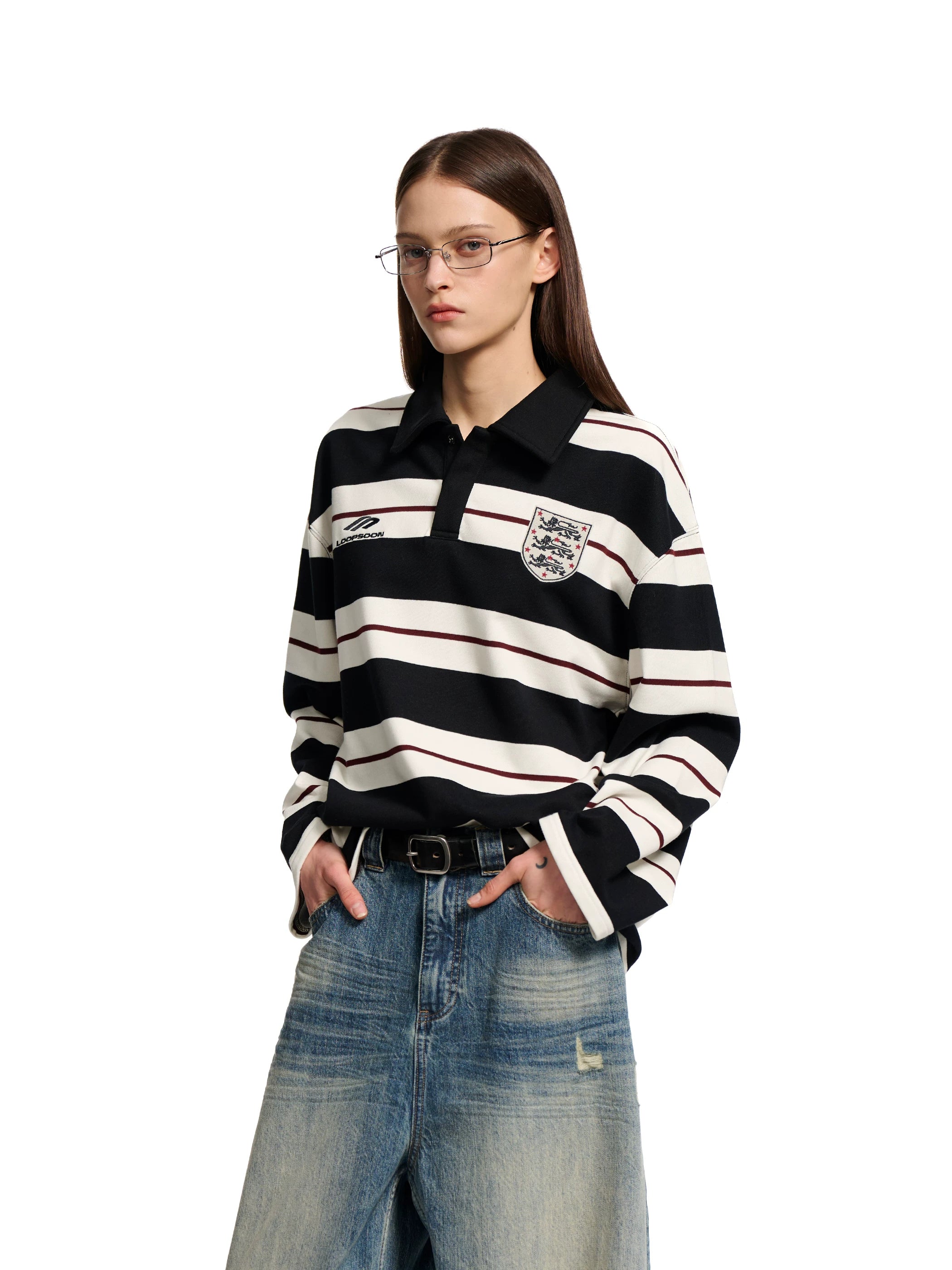 Loopsoon Striped Contrast Lapel Embroidered English Loose Sweatshirt