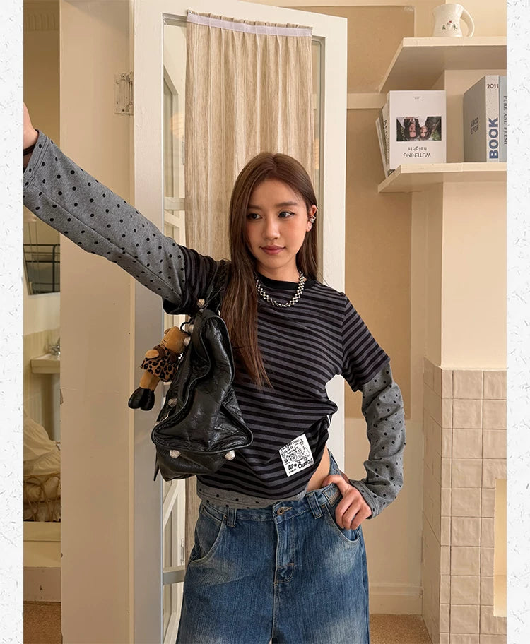 CCYE Striped Splicing Polka Dot Fake Two-piece Front Shoulder Long Sleeve