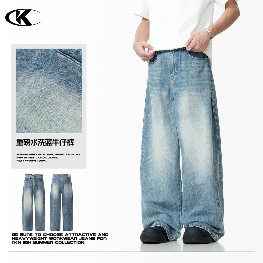 11KN American Retro Washed Blue Loose and Casual Cleanfit Pants Cross-border Jeans