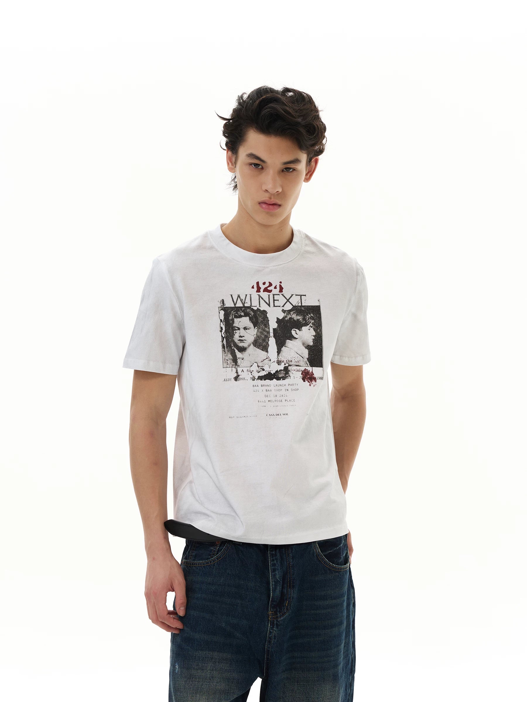 WLNEXT Retro Front Shoulder Doing Old Casual Tee