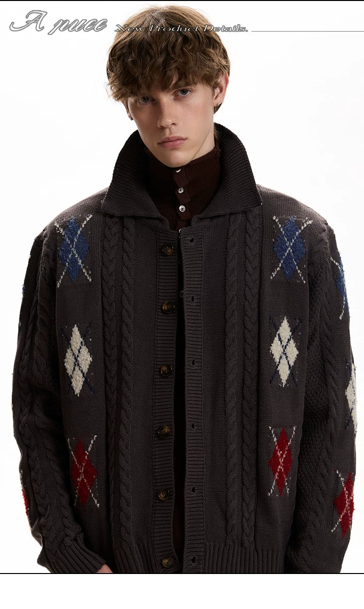 A PUEE Vintage Twist Rhombus Knitted Cardigan Sweater