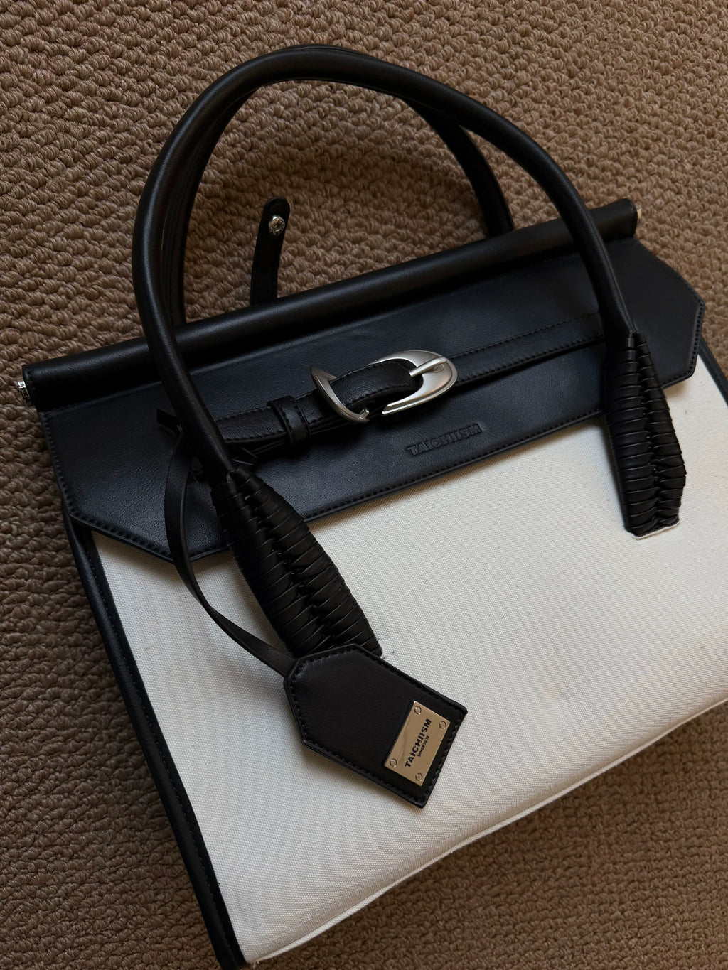 TAICHIISM Vintage Spliced Leather Crossbody Hand-held Birkin Canvas Bag