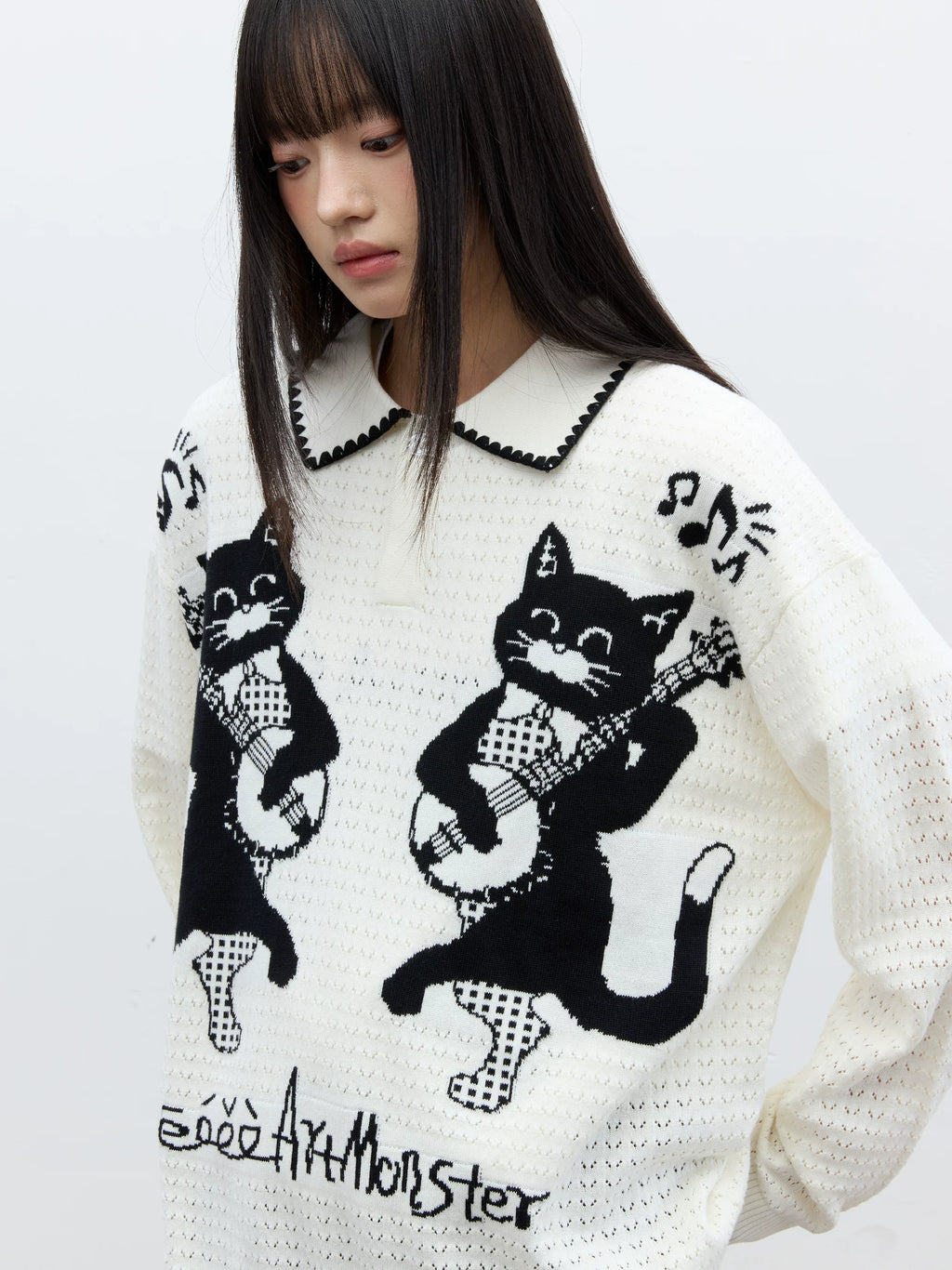 eeeeArtmonster Cat Jacquard Knitted Hollow Long Sleeve Blouse
