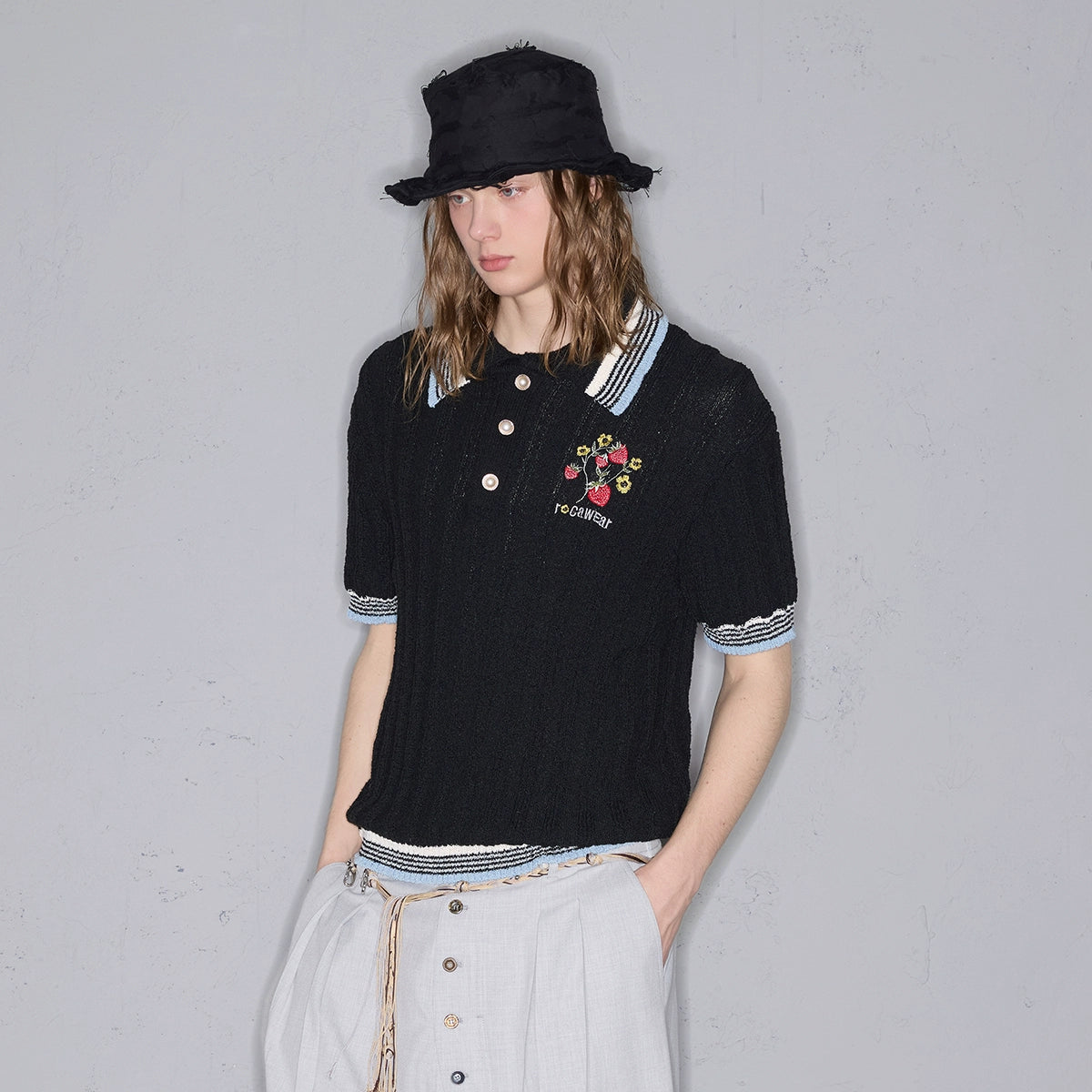 Rocawear Cloth Striped Pearl Buckle Embroidered Polo Shirt